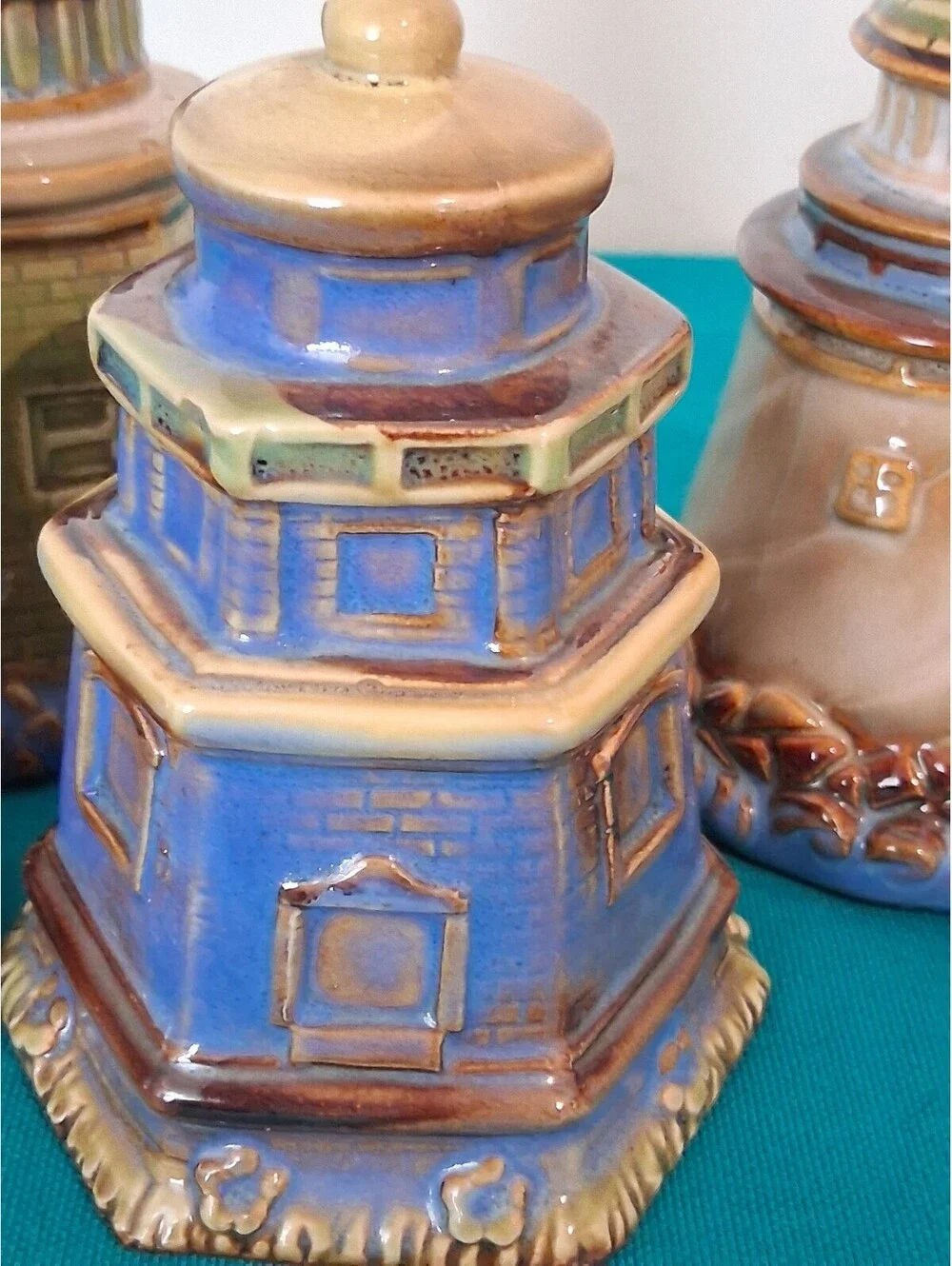 Set of 4 Ceramic garden ridge Lighthouse  Decorative Coastal Home Accents